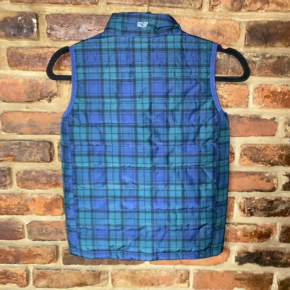Vineyard Vines Girls Blue Green Plaid Quilted Puffer Vest Youth Size Small